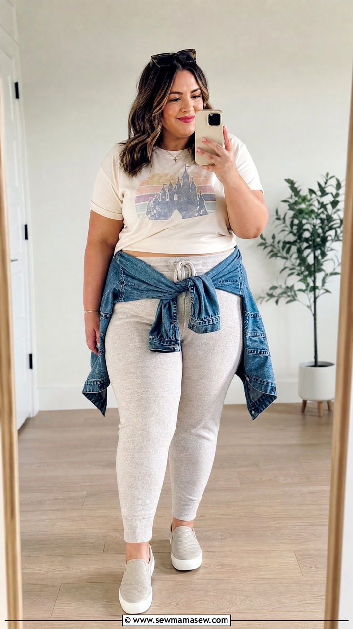 Joggers Cropped Graphic Tee and Slip On Sneakers - 30 Plus size theme park outfit ideas