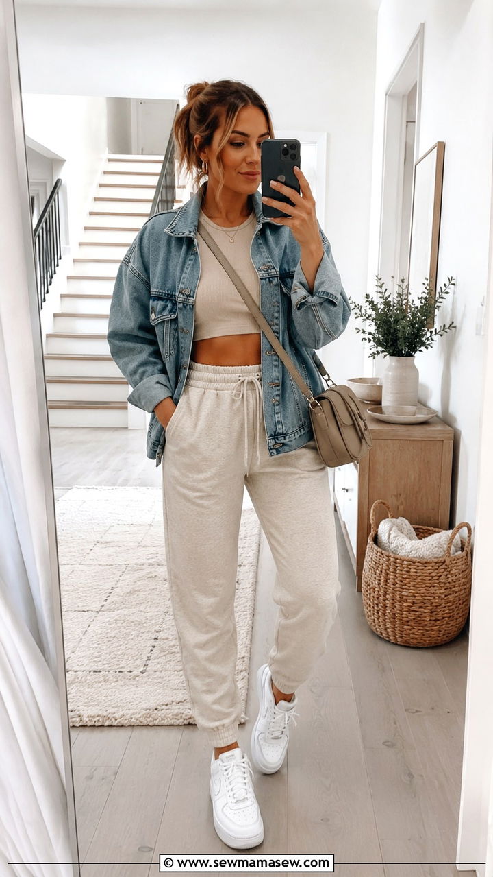 Joggers Set with Crop Top and a Denim Jacket - 30 sporty chic outfits to copy
