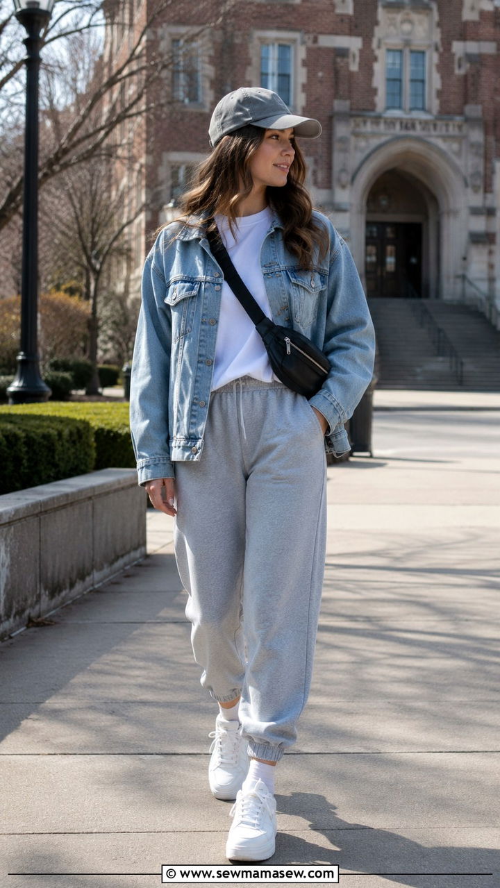 Joggers With A Denim Jacket And A Baseball Cap - 30 school outfits Pinterest