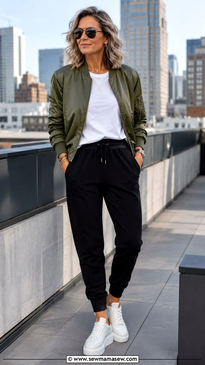 Joggers With Bomber Jacket And Platform Sneakers - 30 joggers outfits for women over 40