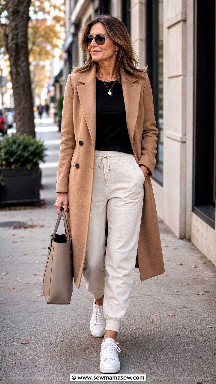 Joggers With Camel Coat And Sneakers - 30 joggers outfits for women over 40