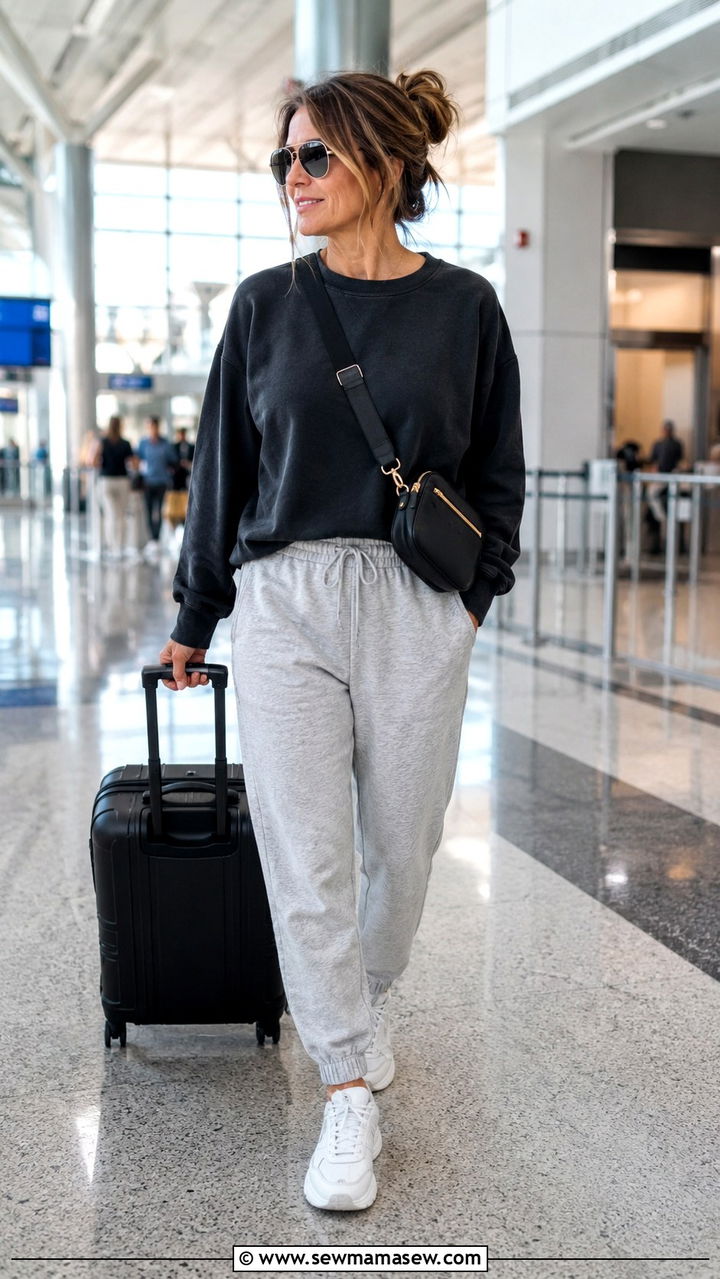 Joggers With Crewneck Sweatshirt And Dad Sneakers - 30 joggers outfits for women over 40
