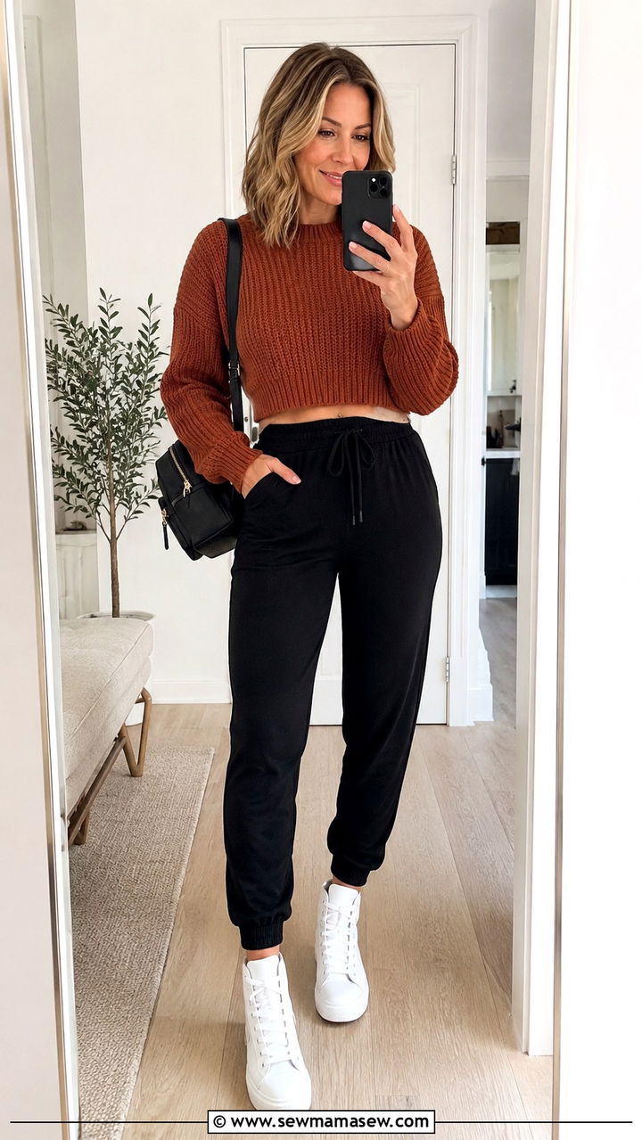 Joggers With Cropped Sweater And High Top Sneakers - 30 joggers outfits for women over 40