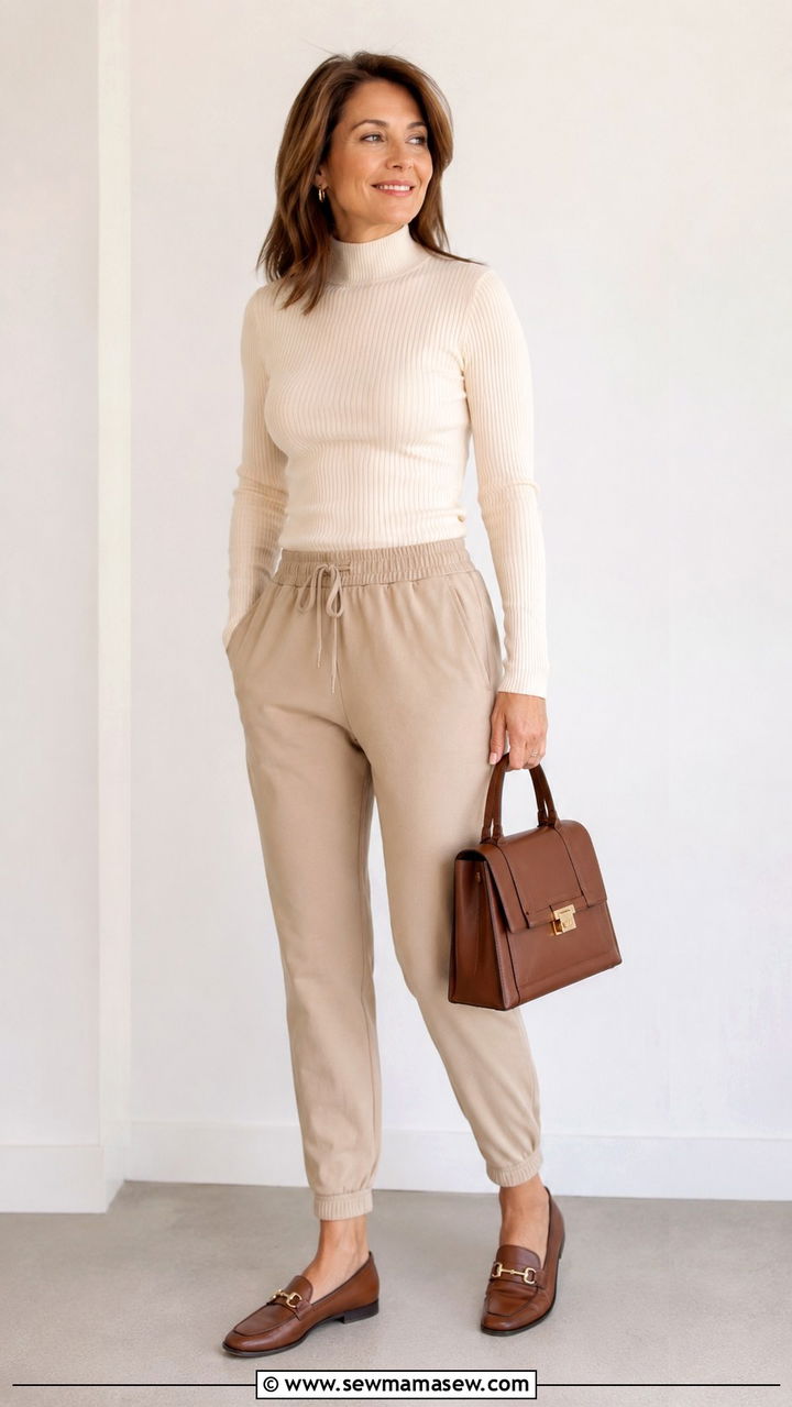 Joggers With Fitted Polo Neck And Loafers - 30 joggers outfits for women over 40