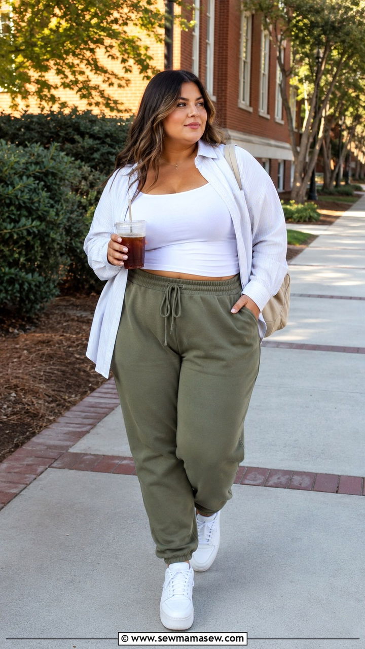 Joggers With Fitted Tank And Unbuttoned Oversized Shirt - 30 Plus size outfit ideas for college