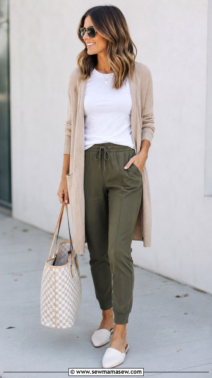 Joggers With Fitted Tee And Cardigan Outfit - 30 stay at home mom outfit ideas