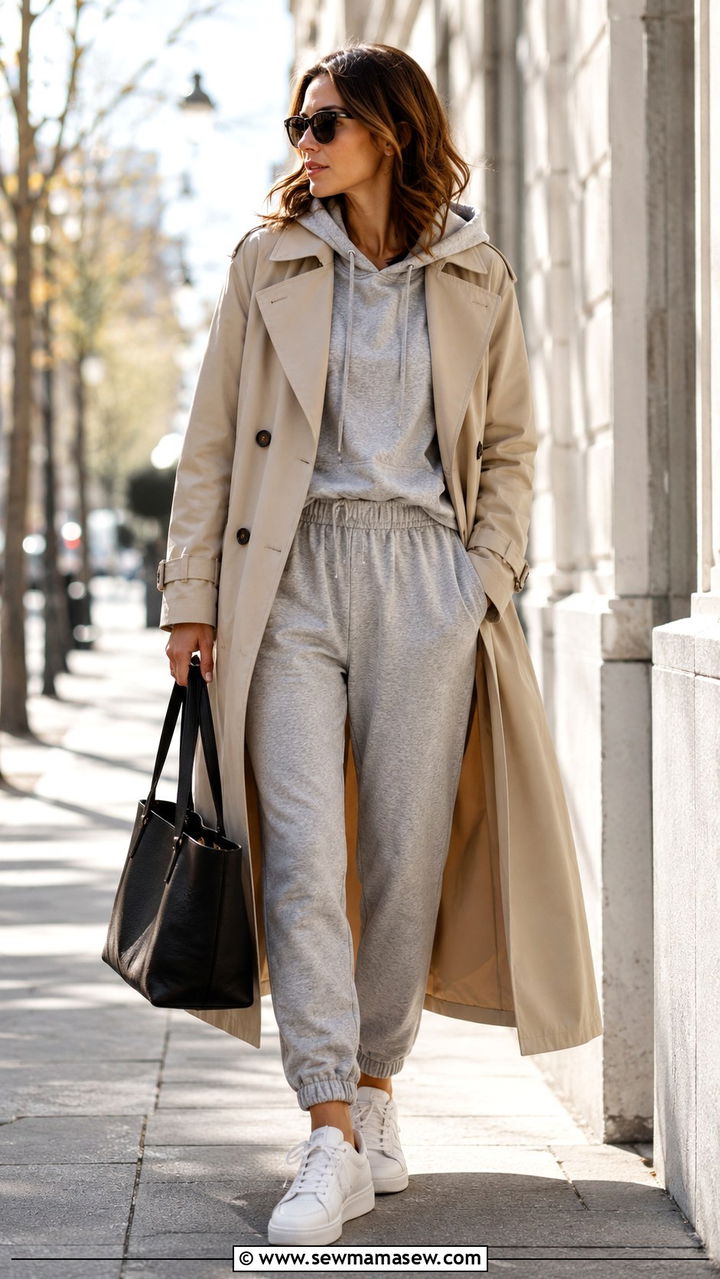 Joggers With Hoodie Layered Under A Trench Coat - 30 spring sporty chic outfit ideas