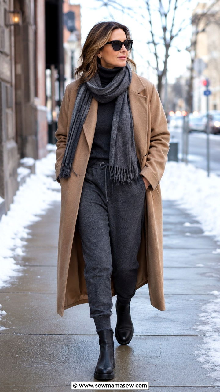 Joggers With Long Wool Coat And Chelsea Boots - 30 joggers outfits for women over 40