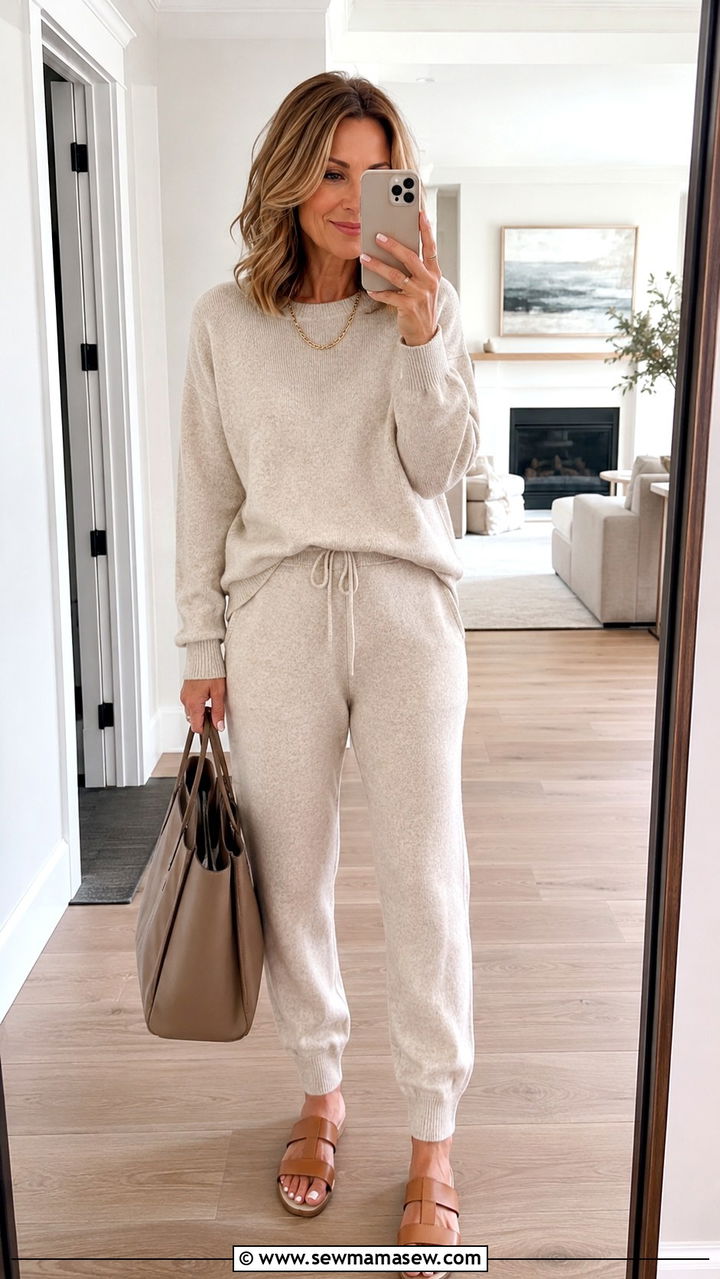 Joggers With Matching Set And Minimal Sandals - 30 joggers outfits for women over 40