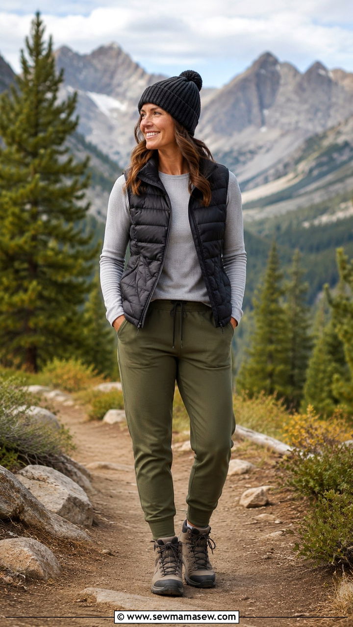 Joggers With Puffer Vest And Hiking Boots - 30 joggers outfits for women over 40