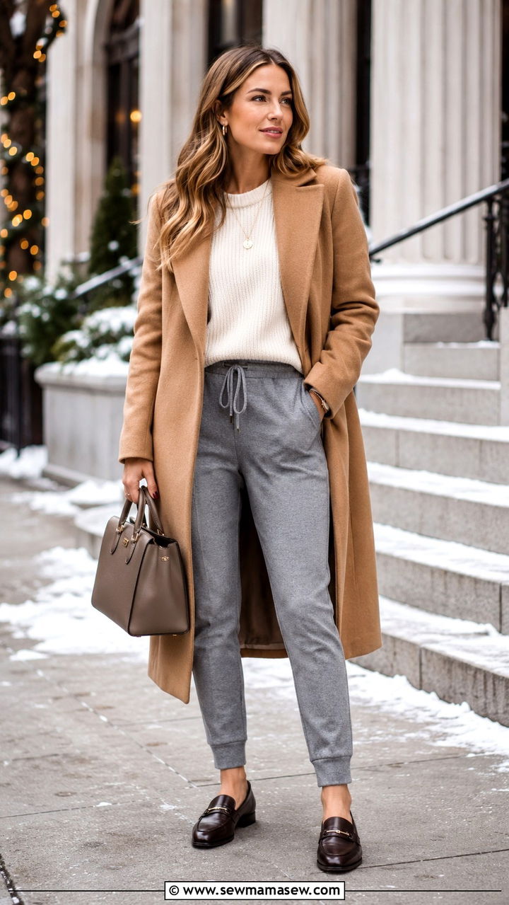 Joggers With Wool Coat Outfit - 30 chic joggers outfit ideas