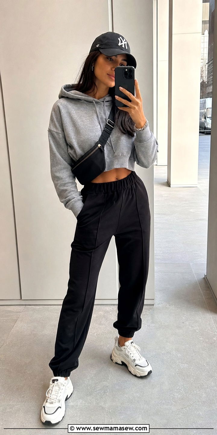Joggers and Cropped Hoodie With Chunky Sneakers Outfit - 25 errands outfits Pinterest