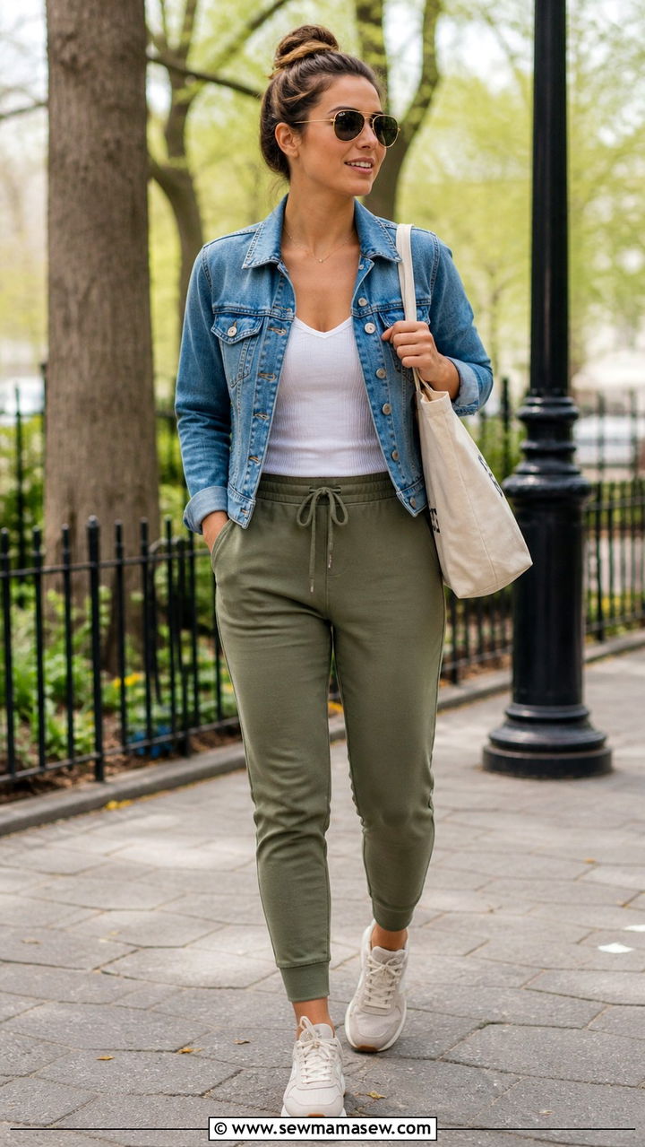Joggers and Fitted Tank with Denim Jacket Outfit - 40 running errands outfit ideas