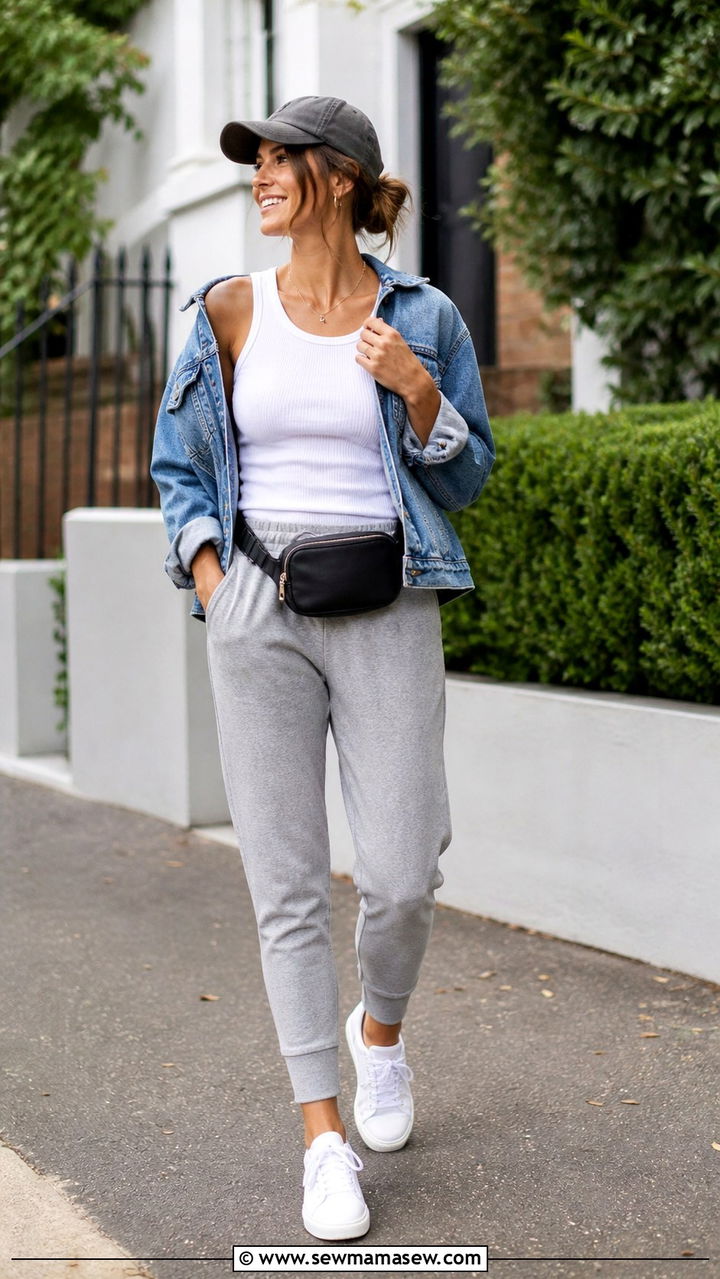 Joggers and Fitted Tank with Denim Jacket and Sneakers - 40 weekend outfit ideas for women