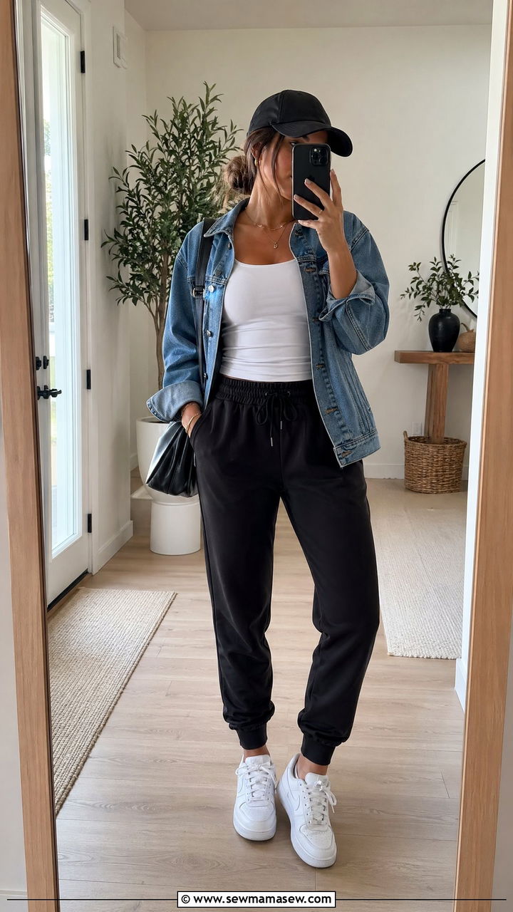 Joggers and Fitted Tank with Denim Jacket and Sneakers - 35 errands outfits for women