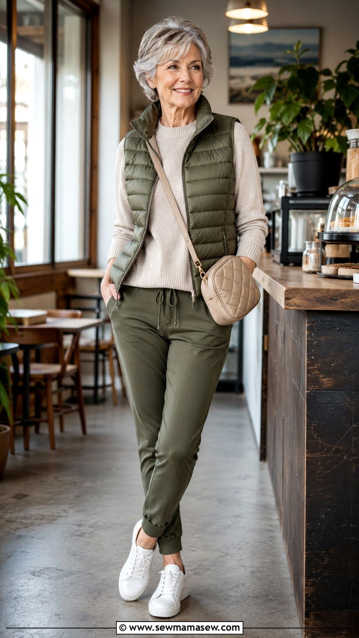 Joggers and Knit Sweater Weekend Getaway Look - 30 Travel outfit ideas for women over 60