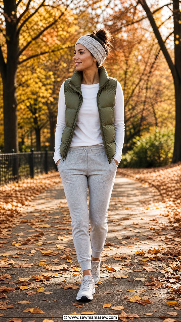 Joggers and Puffer Vest Fall Walking Outfit - 25 Power walking outfit ideas