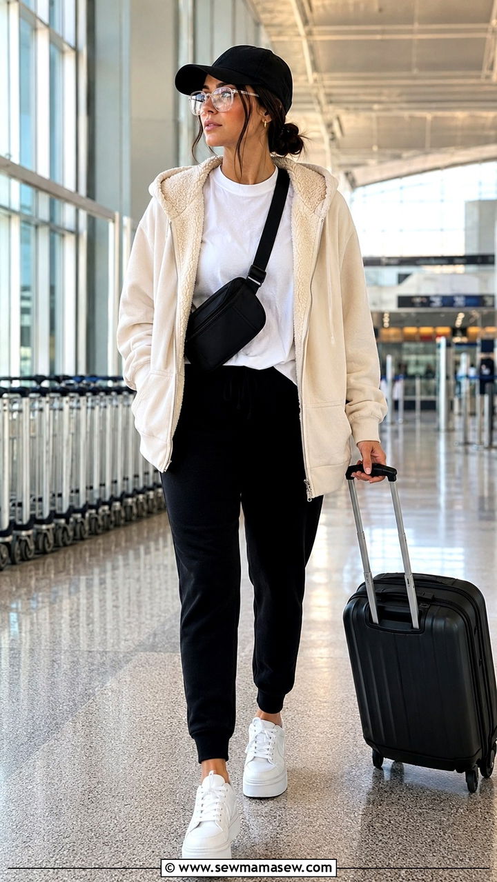 Joggers slogan tee fleece hoodie airport outfit - 30 LAX airport outfit ideas