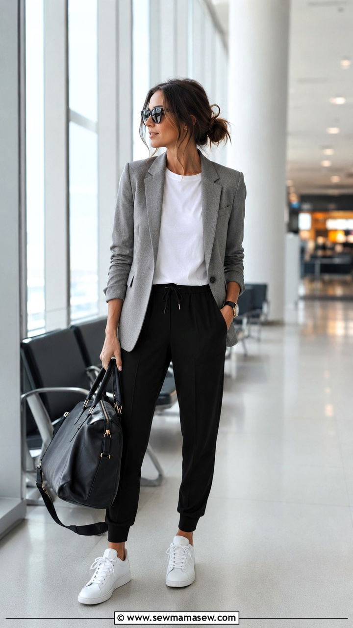 Joggers with Basic Tee and Structured Blazer - 25 Airport outfit ideas for 12 hour flight
