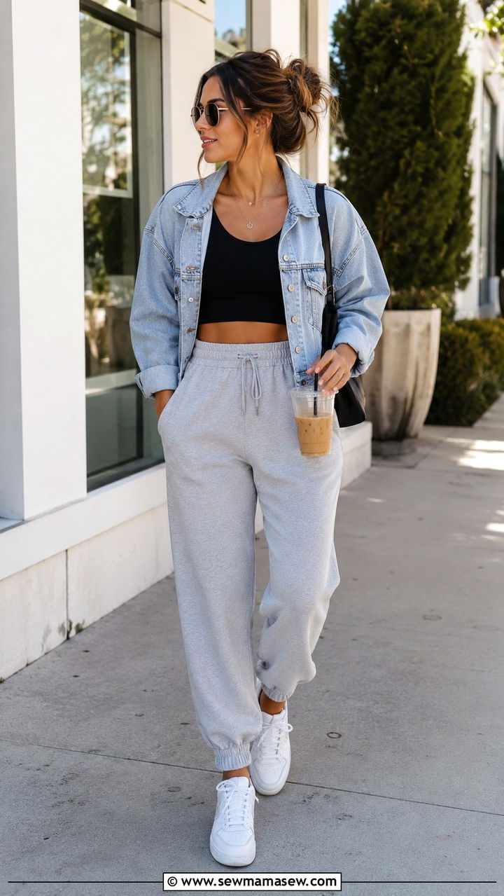 Joggers with Crop Top and Denim Jacket - 30 casual athleisure outfits