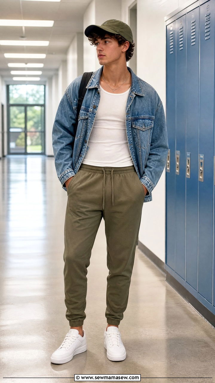 Joggers with Denim Jacket Summer Look - 30 Summer outfits for school