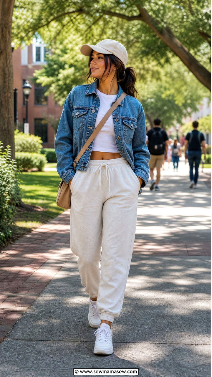 Joggers with Denim Jacket and Sporty Cap - 30 College outfit ideas cute 2026