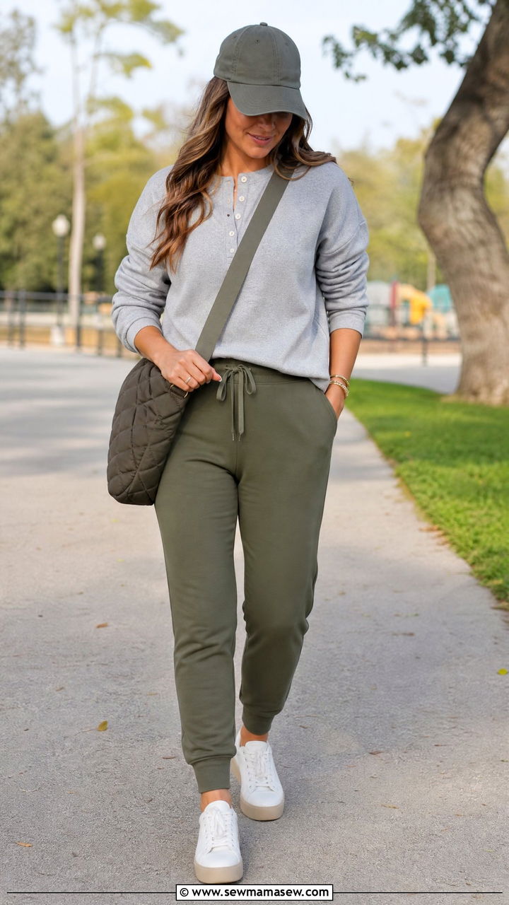 Joggers with Henley Sweatshirt and Baseball Cap - 25 Loungewear outfit ideas for moms