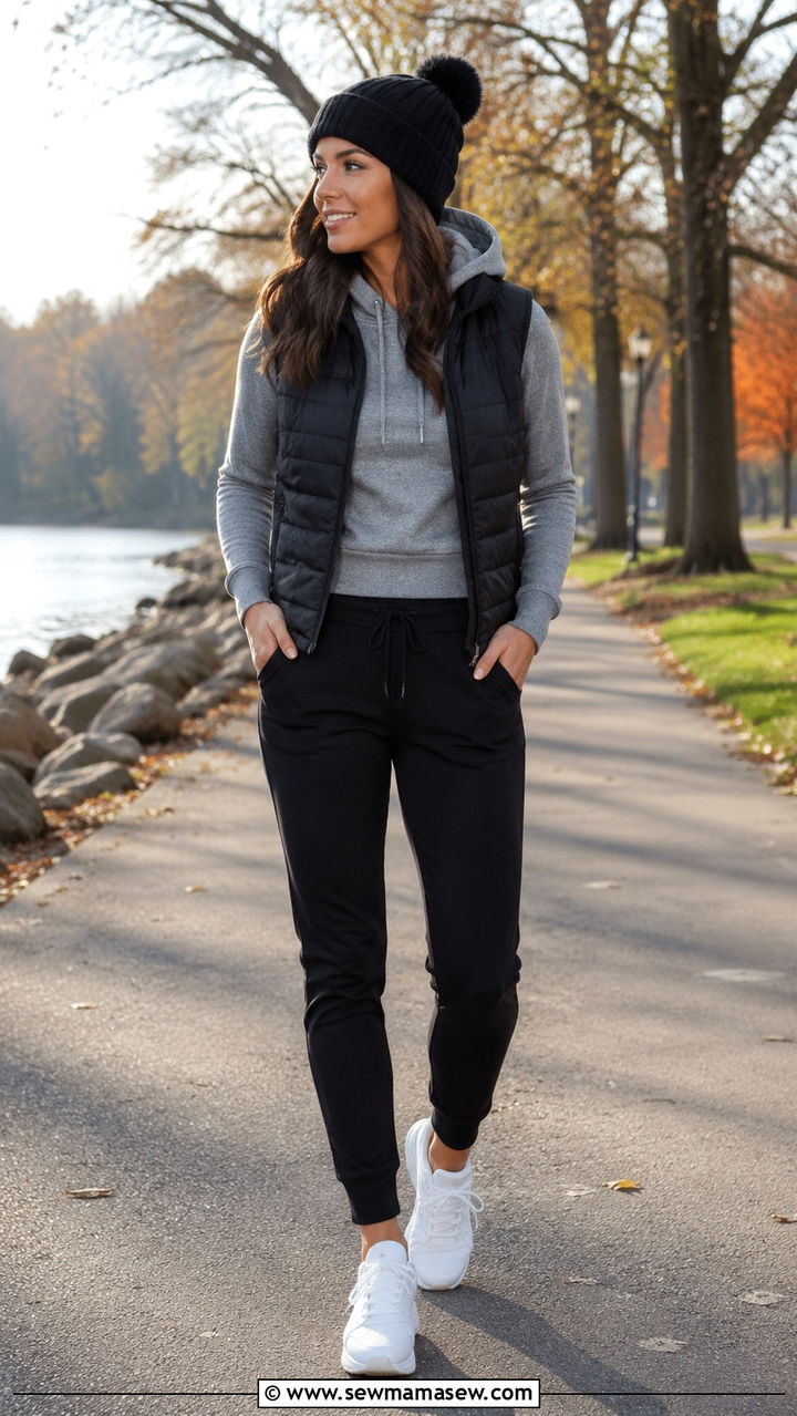 Joggers with Hoodie and Puffer Vest - 30 casual athleisure outfits