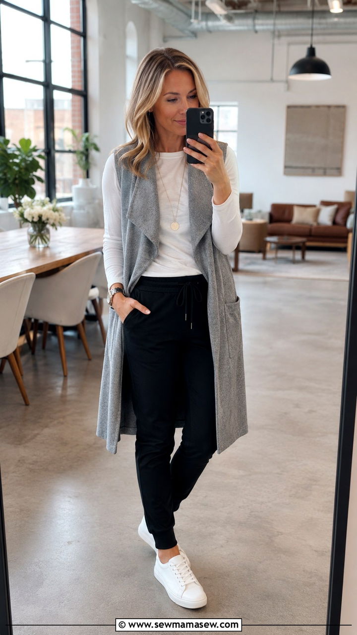 Joggers with Longline Vest and White Sneakers - 30 Modest outfit ideas for working mom