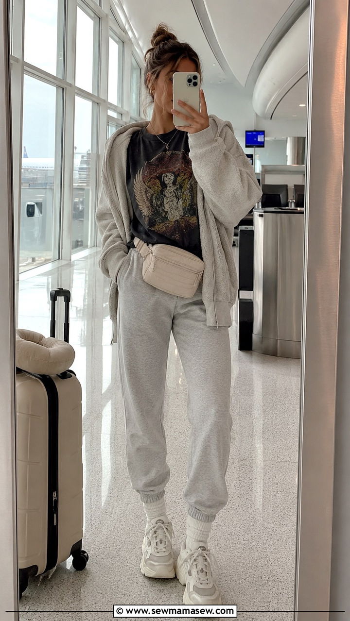 Joggers with a slogan tee and fleece hoodie - 25 Airport outfit ideas for international travel