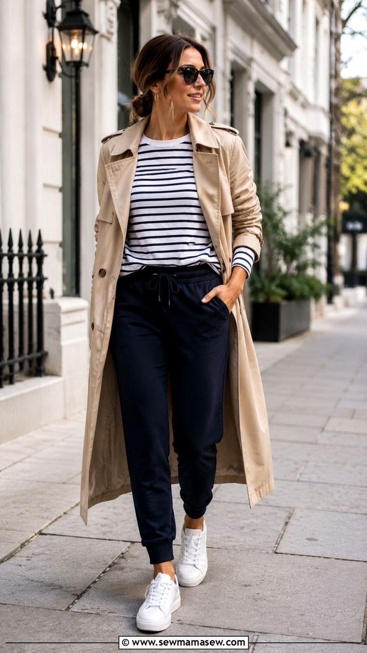 Joggers with a striped long sleeve tee and trench coat - 25 Athleisure outfit ideas for women over 50