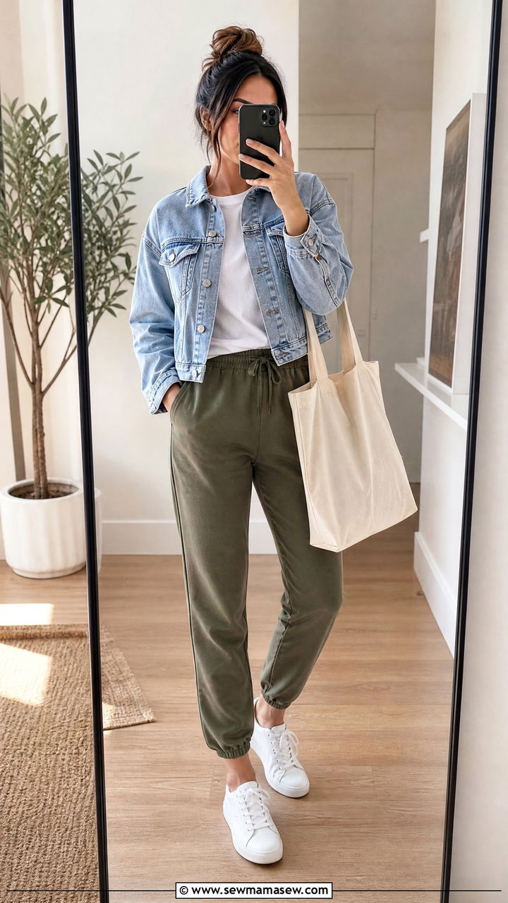 Joggers with denim jacket and white tee - 30 casual joggers outfits