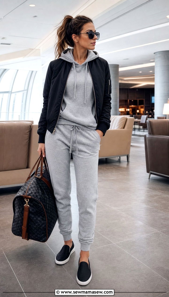 Joggers with hoodie and bomber jacket - 35 Airport outfits for long flights