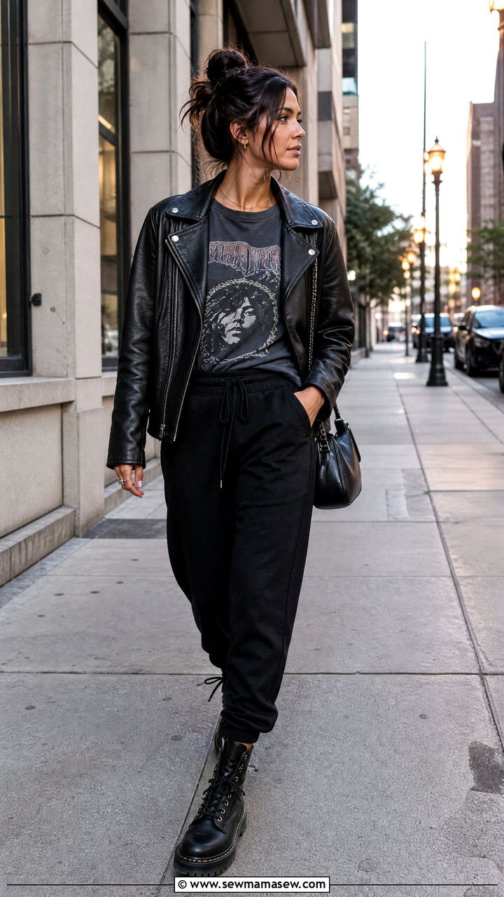 Joggers with leather jacket and graphic tee - 30 casual joggers outfits