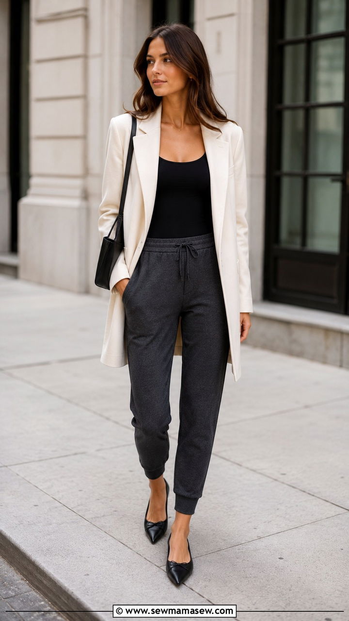 Joggers with long blazer and flats - 30 casual joggers outfits