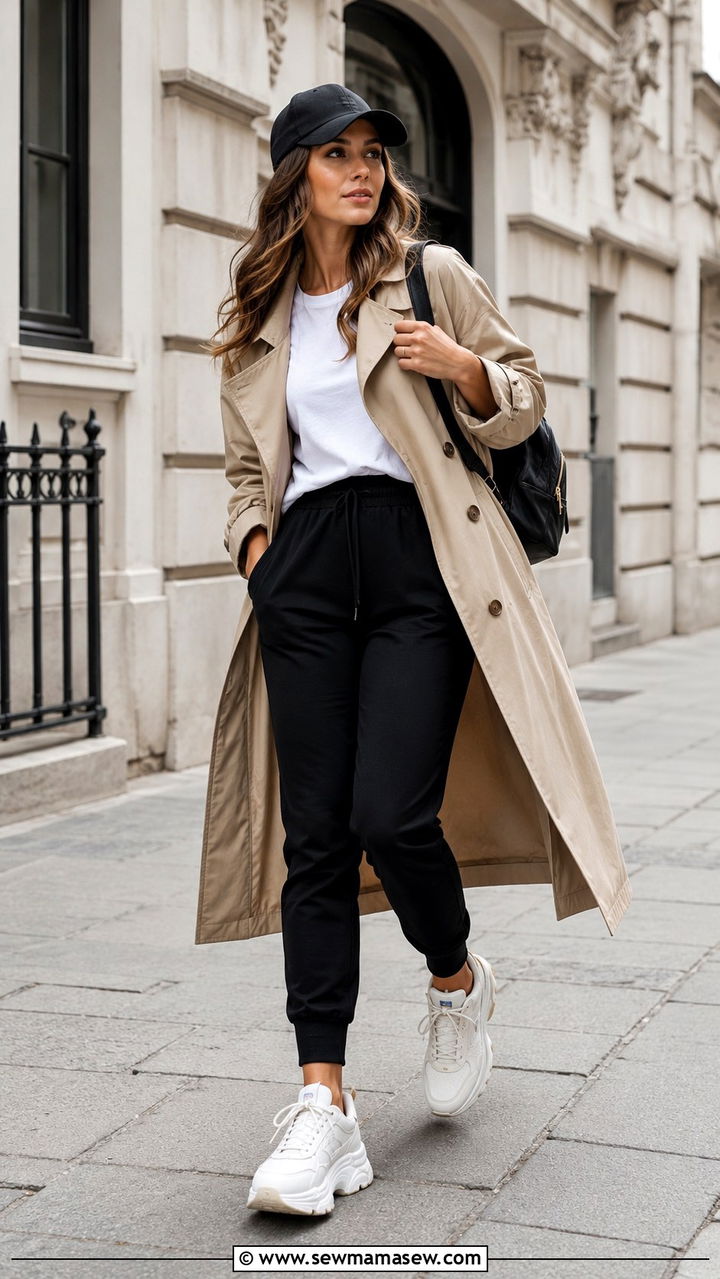 Joggers with oversized trench coat and chunky sneakers - 30 Spring travel capsule wardrobe