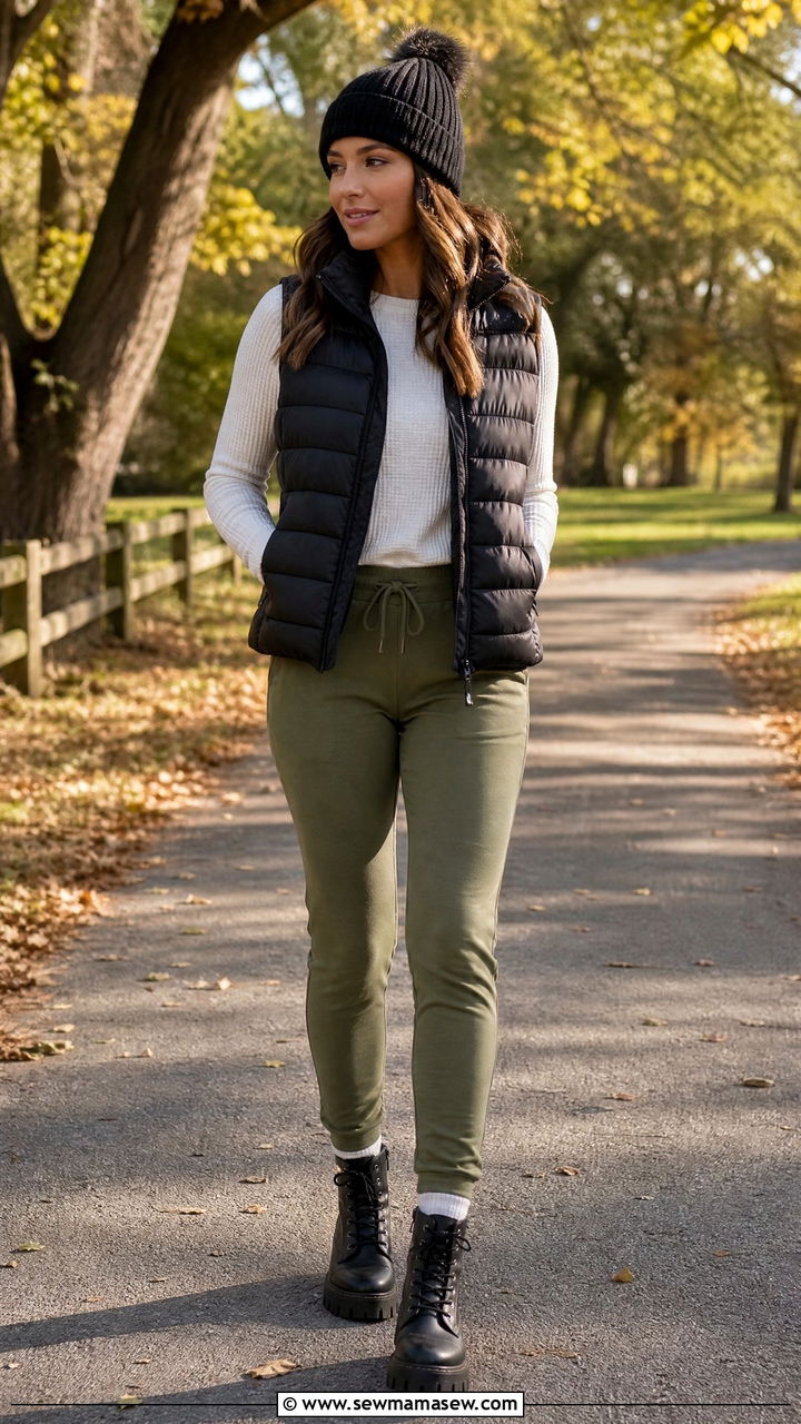 Joggers with puffer vest outfit - 30 casual joggers outfits