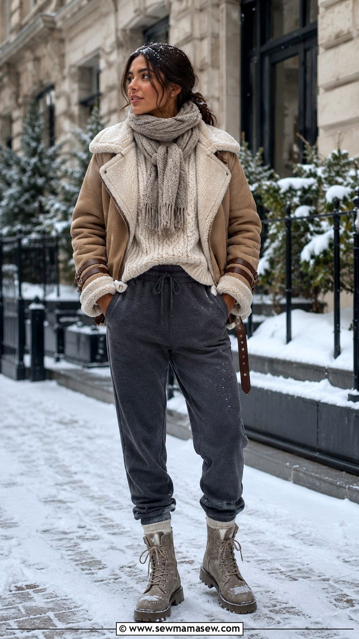 Joggers with shearling jacket winter look - 30 casual joggers outfits
