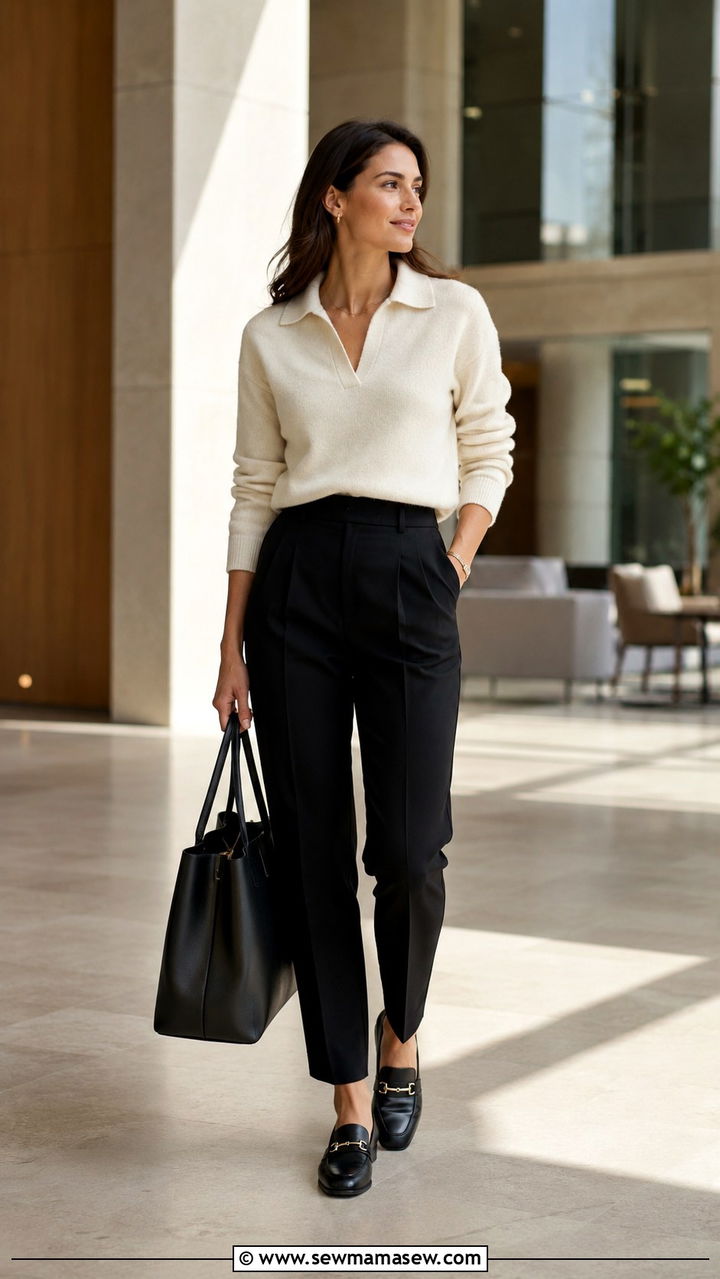 Johnny collar sweater with tailored trousers - 30 Spring outfits with sweaters