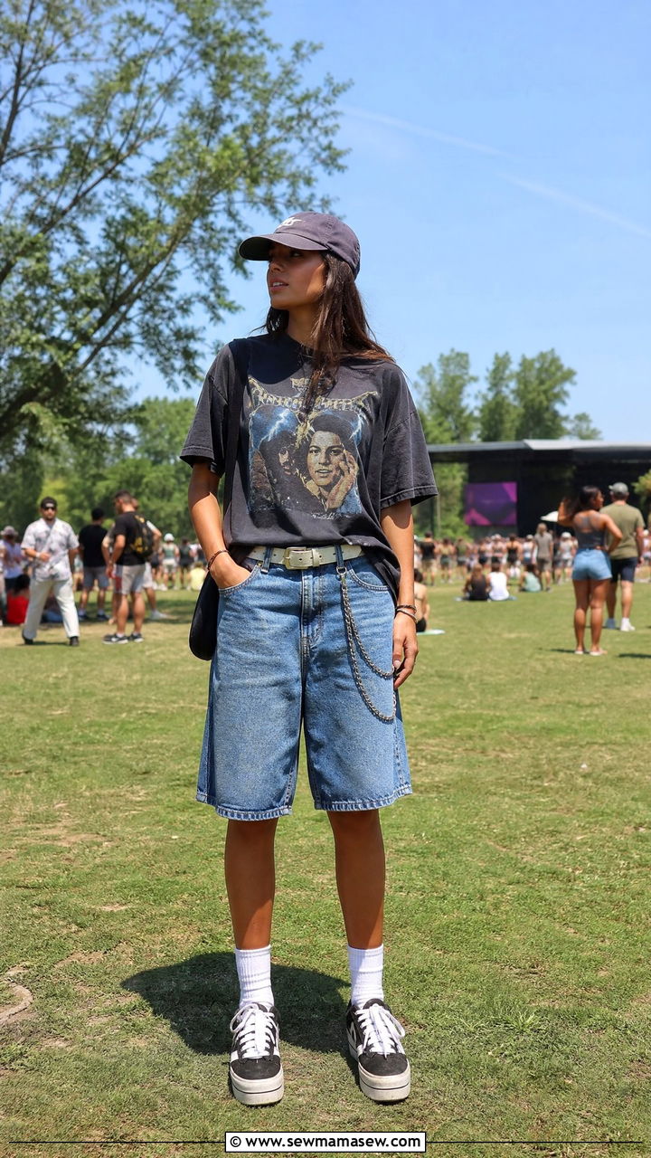 Jorts with Oversized Band Tee - 30 streetwear outfits for women