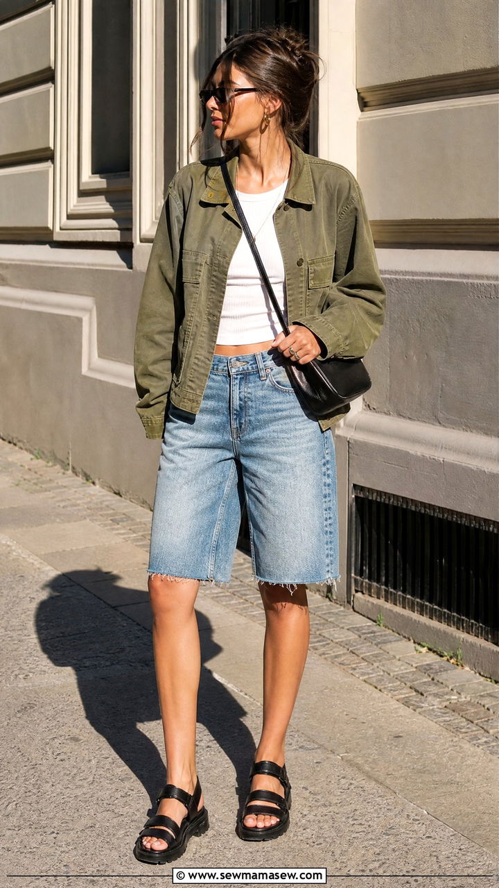 Jorts with utility jacket outfit - 35 Model off duty outfit ideas