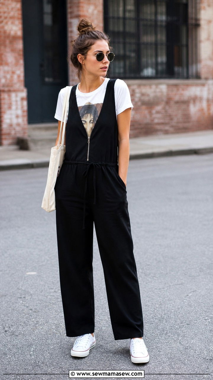 Jumpsuit Layered Over a Graphic Tee - 40 casual jumpsuit outfits