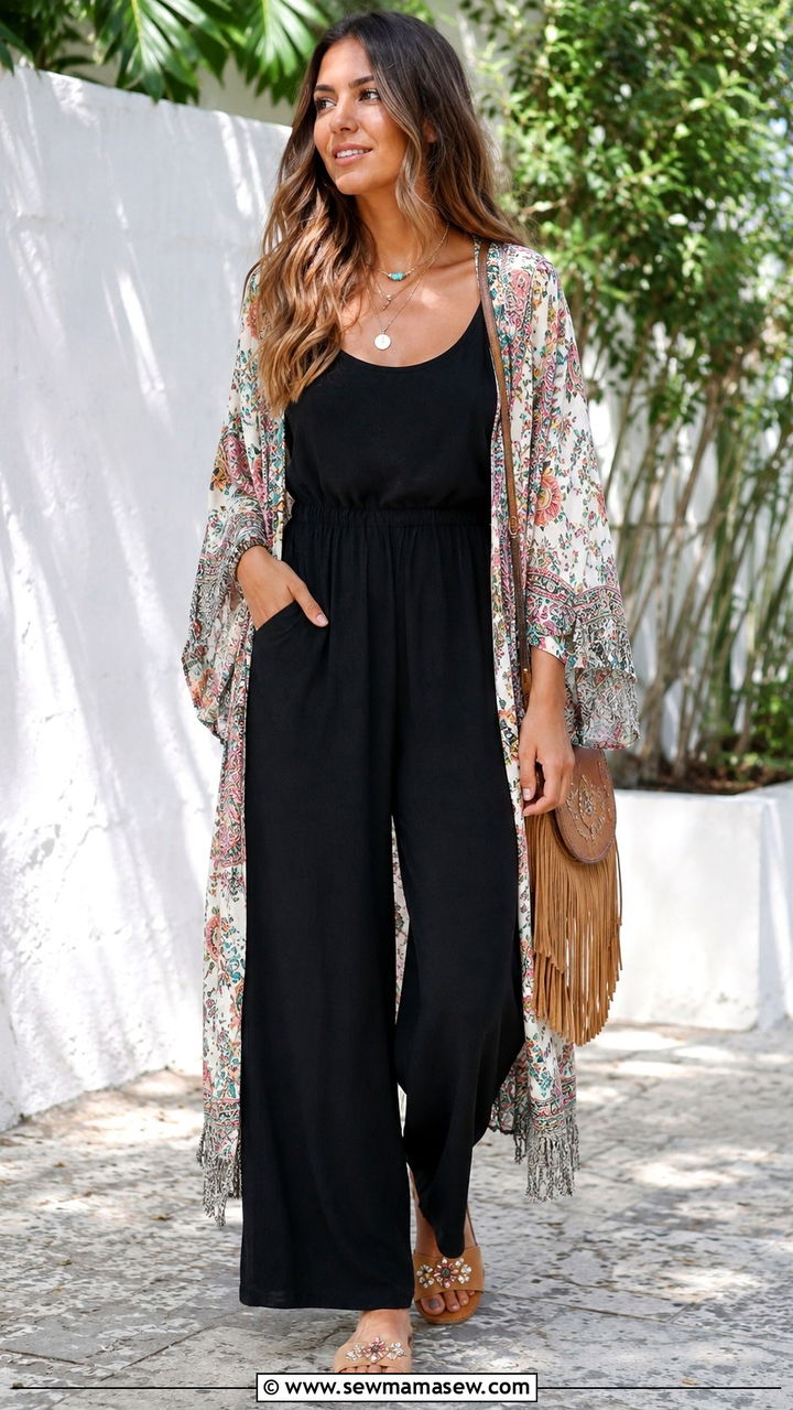 Jumpsuit With A Kimono And Slide Sandals - 30 How to style a jumpsuit in spring