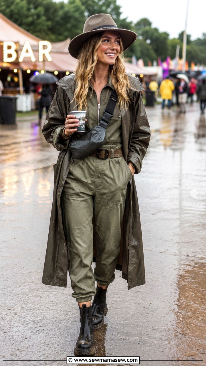 Jumpsuit With Belted Rain Trench and Ankle Boots - 25 Rainy festival outfit ideas