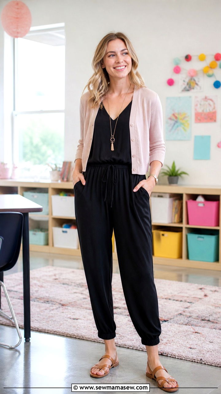 Jumpsuit With Cardigan - 40 teacher outfits ideas