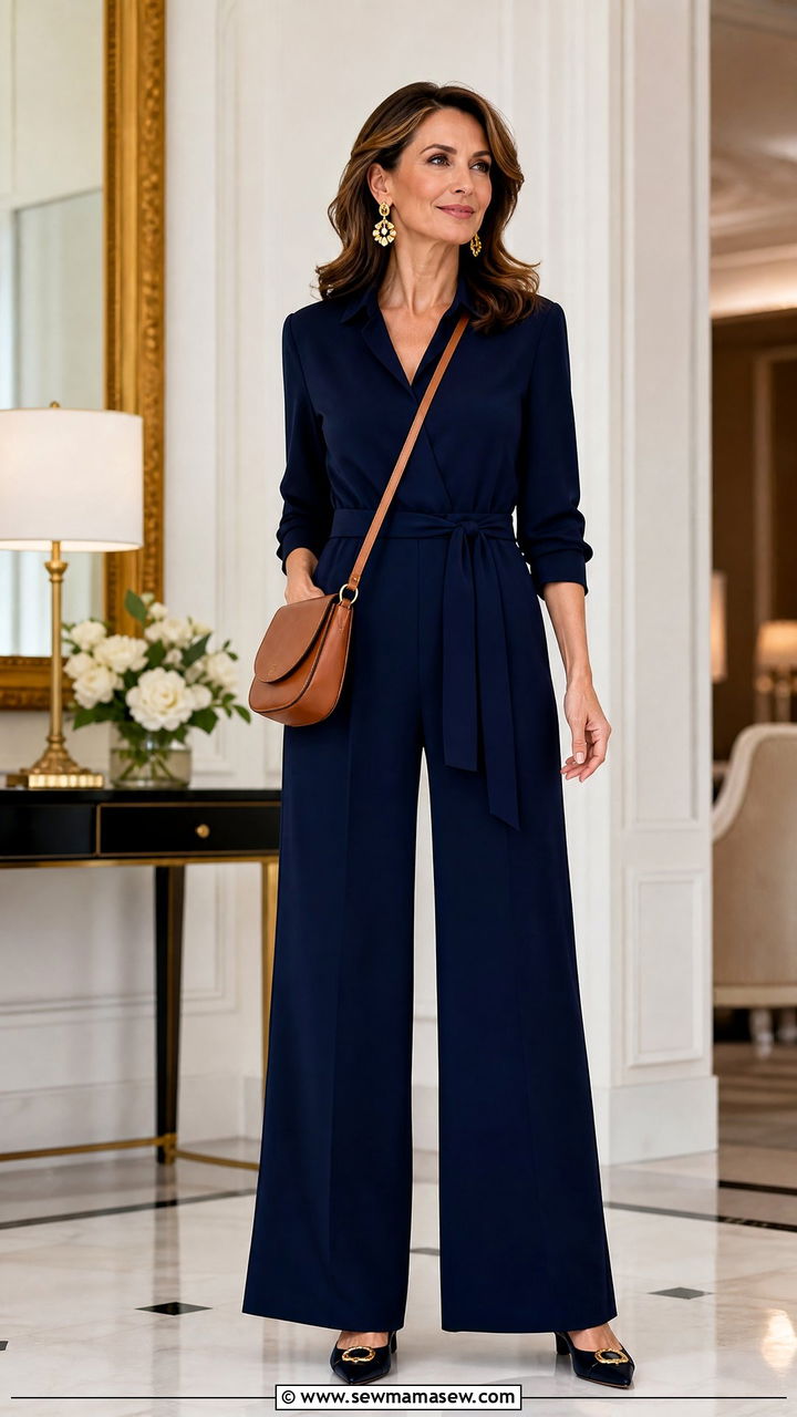 Jumpsuit With Crossbody Bag and Statement Earrings Outfit - 25 Fashion over 40 outfit ideas