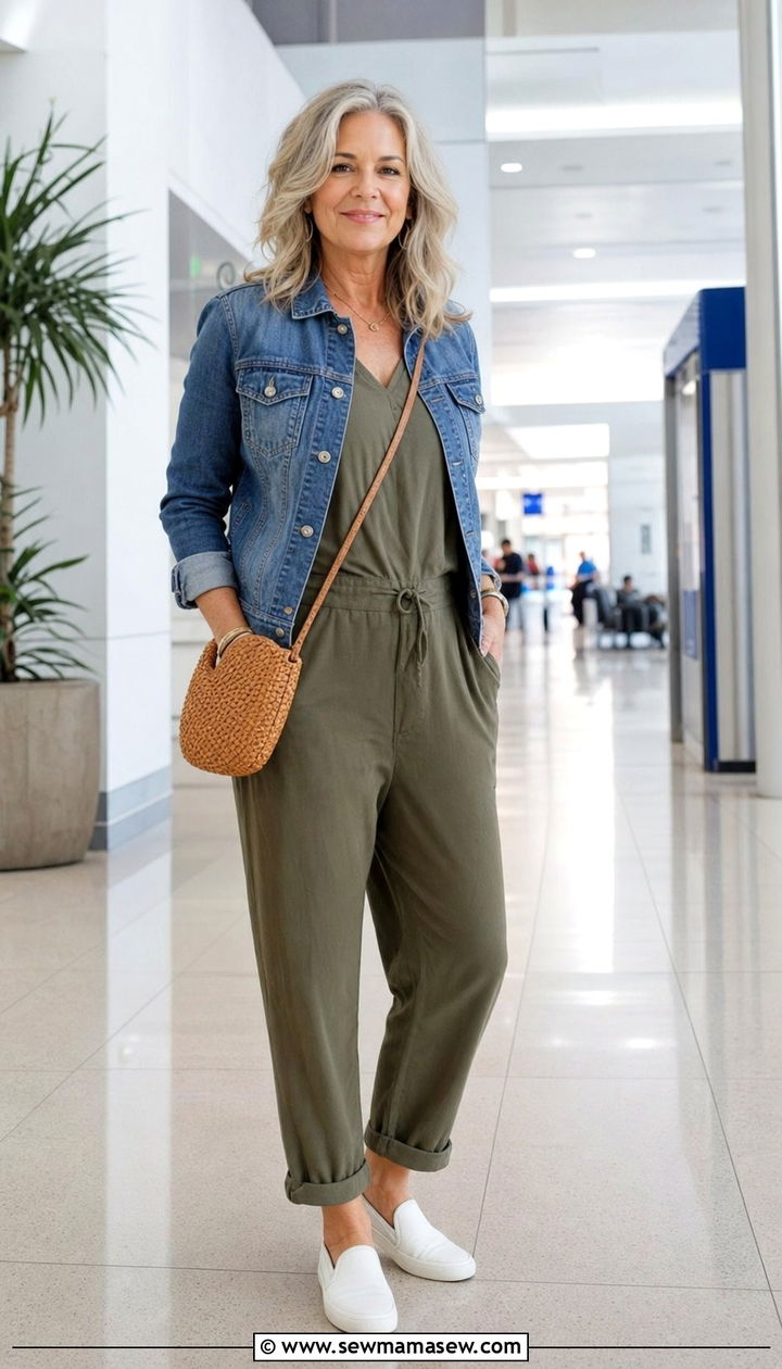 Jumpsuit With Denim Jacket And Slip On Sneakers - 35 Airport outfit ideas for women over 50