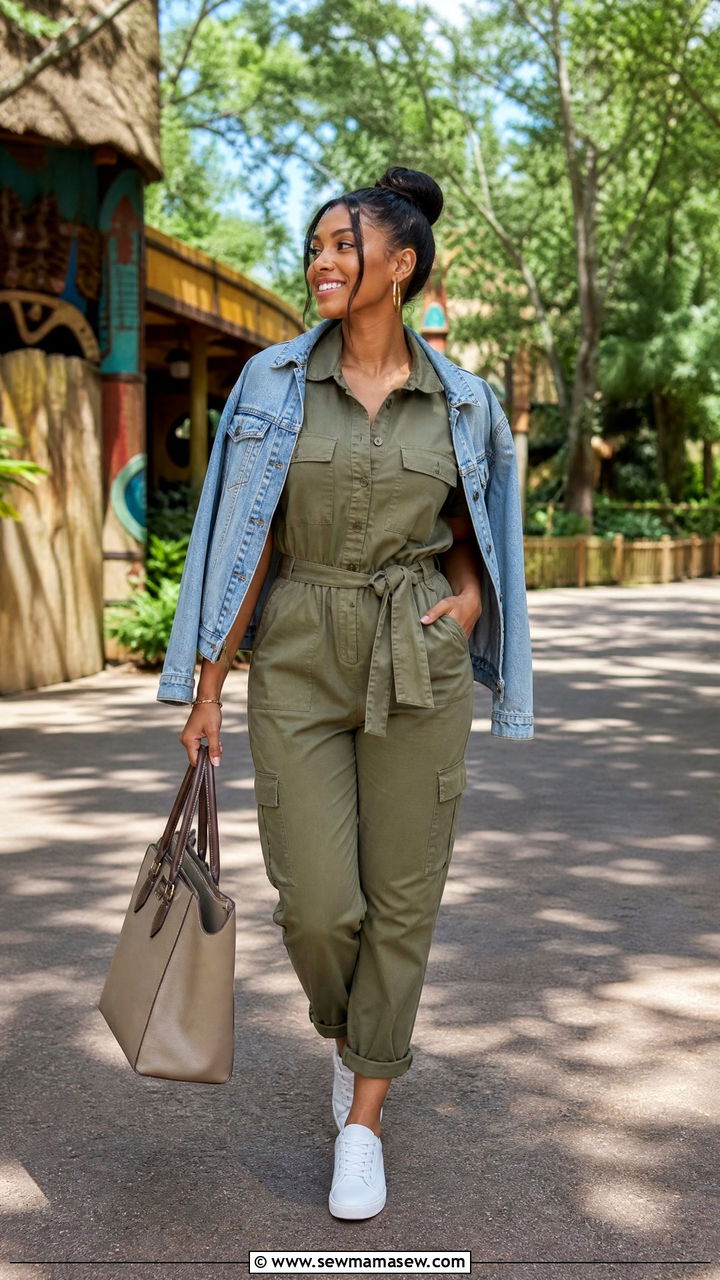 Jumpsuit With Denim Jacket And Sneakers For Busch Gardens - 25 Busch Gardens outfit ideas