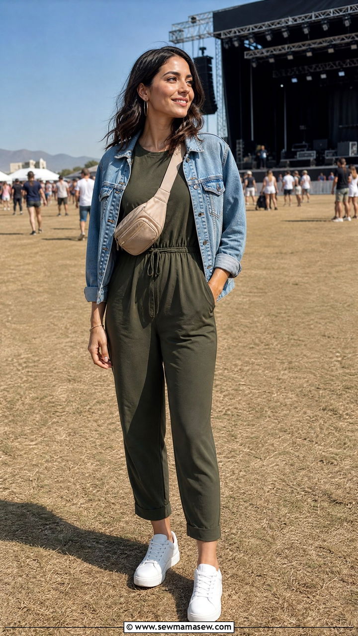 Jumpsuit With Denim Jacket - 30 modest concert outfit ideas