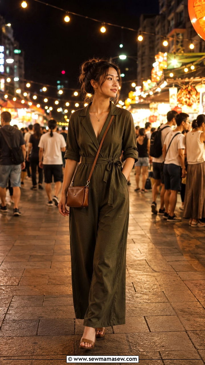 Jumpsuit With Heeled Sandals For Night Markets - 25 Asian vacation outfit ideas